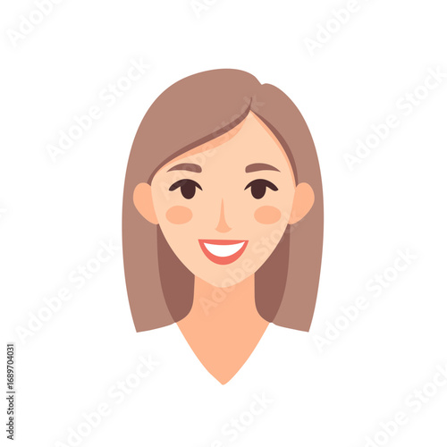 Smiling Woman Portrait with Brown Hair in Cartoon Style Illustration Cheerful Facial Expression, Clean Design