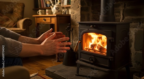 Hands warming near fire/heater.