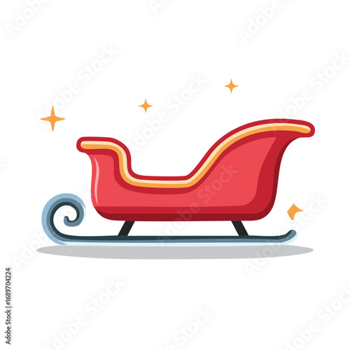 Whimsical red Christmas sleigh vector graphic with golden stars, holiday design element