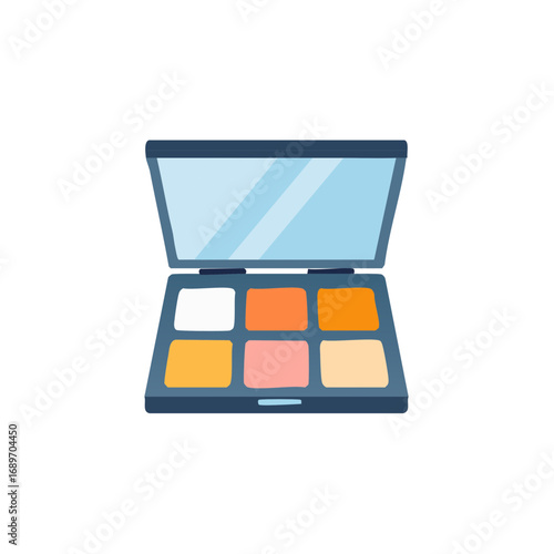Open eyeshadow palette with mirror and multi-colored powder squares, eye makeup, beauty accessory