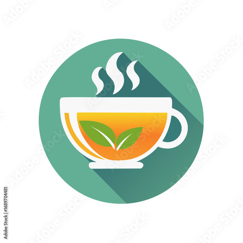 Steaming cup of tea with leaves icon and long shadow