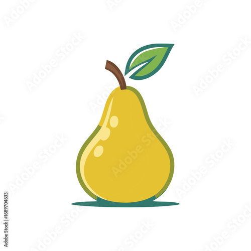 Illustration of a Ripe Yellow Pear with Stem and Green Leaf, Fruit Graphic, Fresh Ingredient