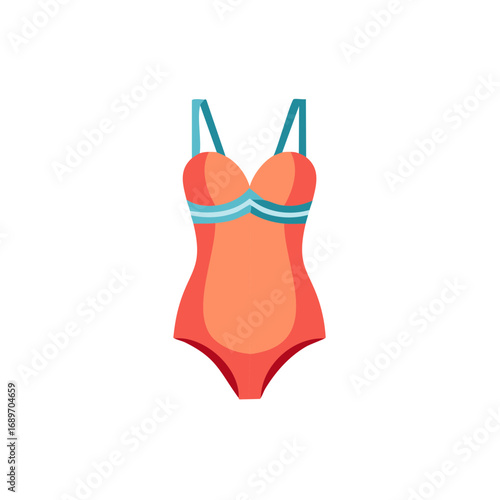 Stylized illustration of a one-piece orange swimsuit with blue straps and accents