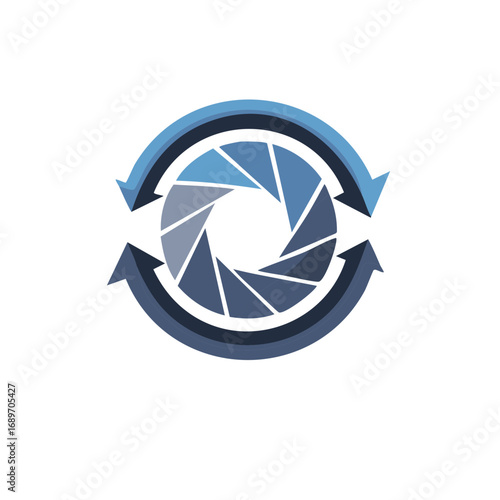 Blue camera aperture iris with circular arrows symbolizing photography refresh and creative process