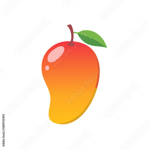 Illustration of a ripe mango with a green leaf on a white background