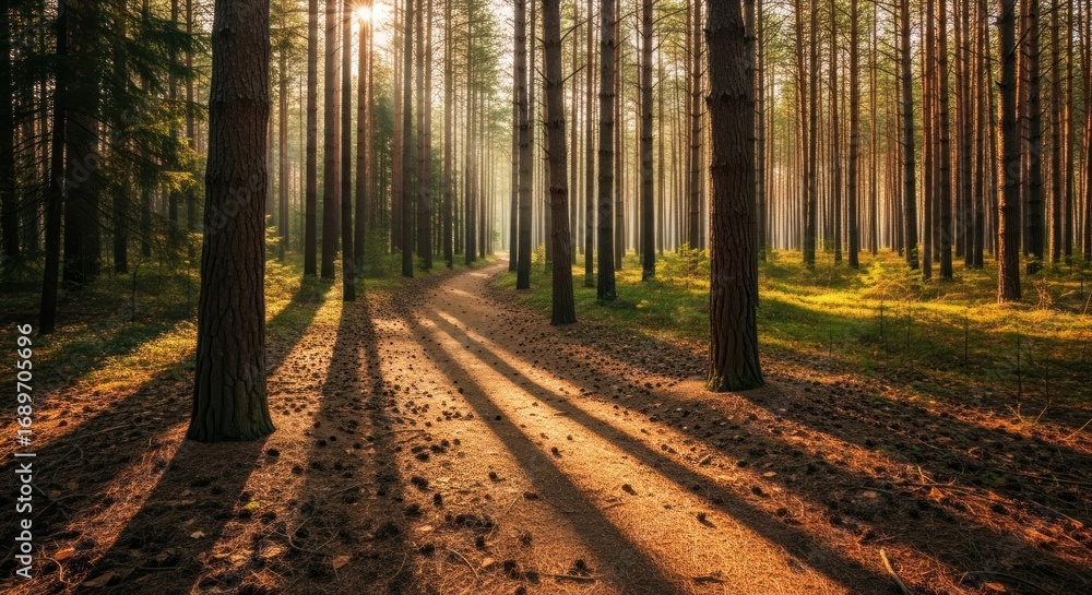 Obraz premium Sunlit Path Through a Dense Pine Forest with Long Shadows and Pine Cones