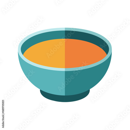 Vector icon of a simple blue bowl filled with warm orange soup or broth, flat design illustration