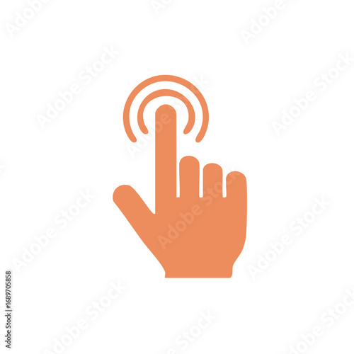 Orange hand icon with finger pressing and circular activation symbol isolated