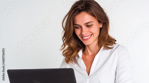 Smiling woman working on laptop with joyful expression in modern office setting