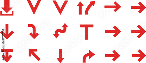 Red direction arrow icons, flat vector symbols, navigation signs set, UI interface arrows, graphic design elements, motion indicators, curved, straight, download, upload arrows