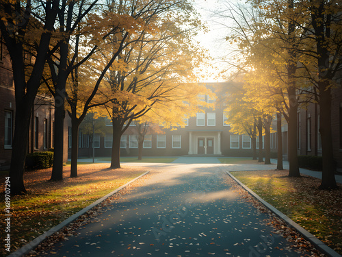 A school campus with a path lined with trees and a building with a large window