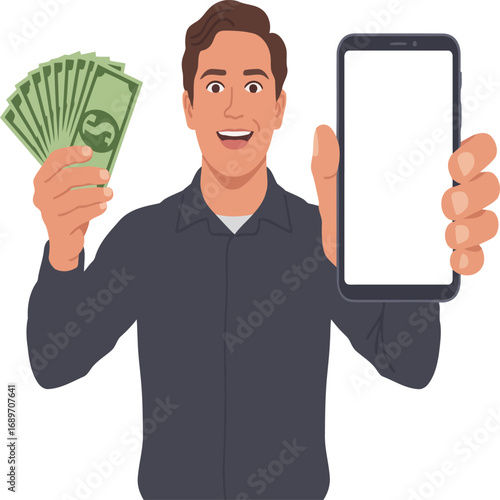 Smiling businessman in a suit holding a stack of cash