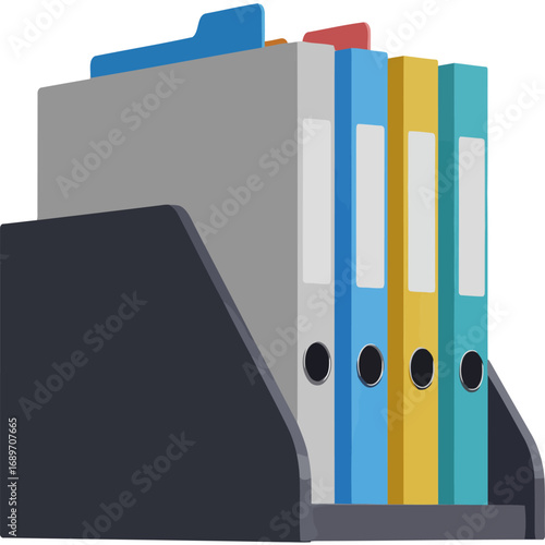 A tidy row of red office folders and binders with documents and paperwork