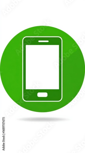 Green Circular Icon of a Smartphone on White Background for Digital Communication and Technology Themes