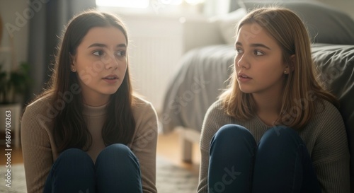 Two young women, seated indoors, share a serious conversation in a softly lit bedroom
