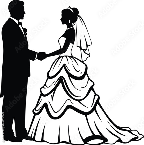 Silhouette of bride and groom wedding ceremony, elegant couple holding hands, romantic marriage moment, bridal dress fashion, wedding couple vector illustration, romantic celebration