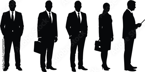 Silhouette of Business People Standing in Suits, Male and Female Professionals, Corporate Team Vector, Office Workforce Illustration, Black Figures on White Background