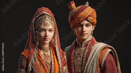 Beautiful Indian Bride and Groom Portrayed in Traditional Wedding Attire Against Dark Backdrop