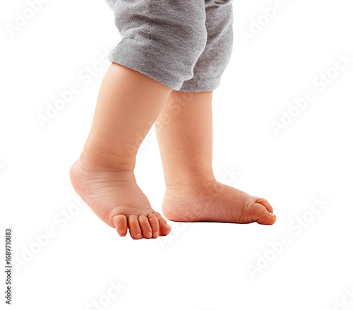 Close-up of a baby's bare feet and legs, rising up.  Light-grey pants visible