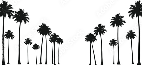 Silhouette palm tree landscape illustration, tropical nature background, summer vacation vibes, exotic jungle plants, minimalist palm design, beach elements, isolated trees, vector tropical pattern