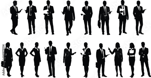 Silhouettes of business professionals, men and women, in formal attire, standing and interacting in various office poses, teamwork concept, corporate vector illustration, clipart