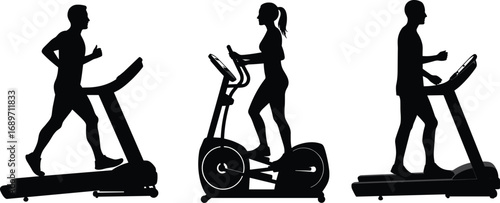 Silhouettes of people exercising on treadmill and elliptical, fitness training in gym, cardio workout illustration, healthy lifestyle concept, men and woman workout machines