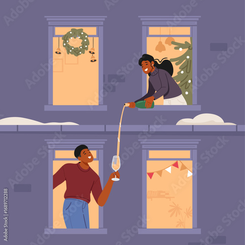 Happy neighbors in window frames sharing and treating champagne drink celebrating Christmas