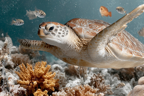 Sea turtle swimming over coral reef underwater Hyperrealistic underwater scene with a sea turtle swimming gracefully over coral reef surrounded by tropical fish