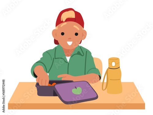 Primary age schoolboy cartoon character eating natural organic healthy breakfast at canteen table