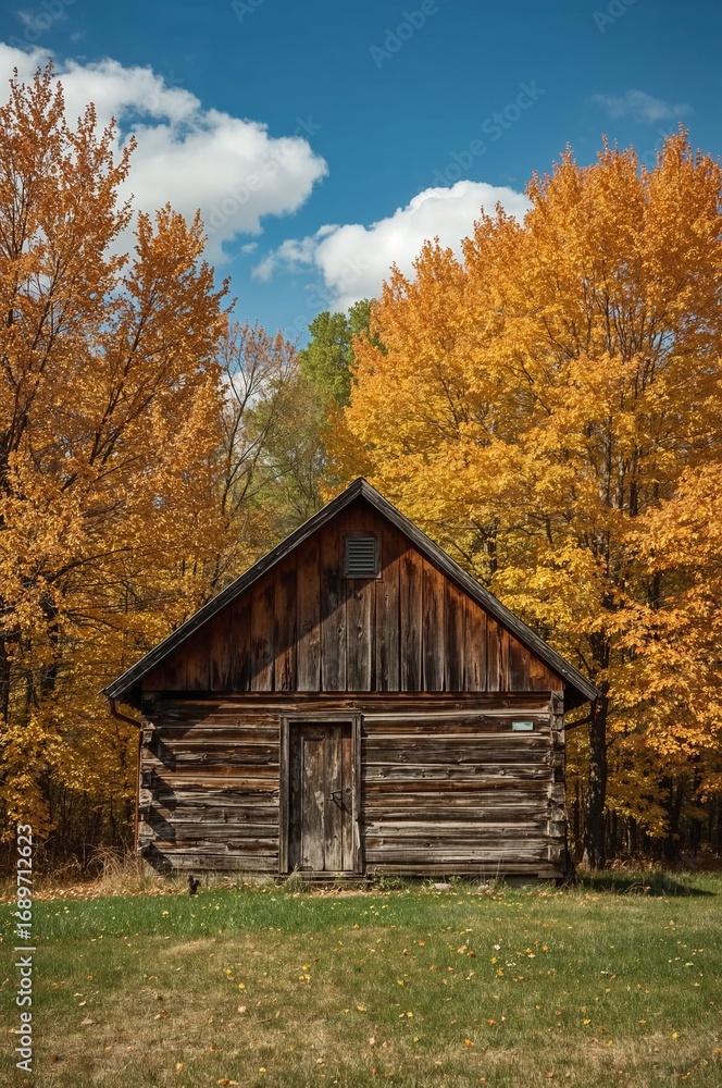 Obraz premium wooden cabin with autumn trees