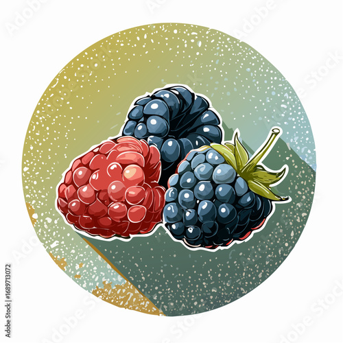 clusters of stippled blackberries with bold nodal kernels against pastel teal high contrast background