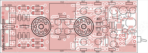 Vector printed circuit board of electronic 
device with components of radio elements, 
conductors and contact pads placed on pcb. 
Engineering technical drawing. Computer technic cad design.