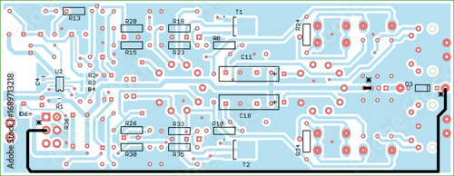 Vector printed circuit board of electronic 
device with components of radio elements, 
conductors and contact pads placed on pcb. 
Engineering technical drawing. Computer technic cad design.