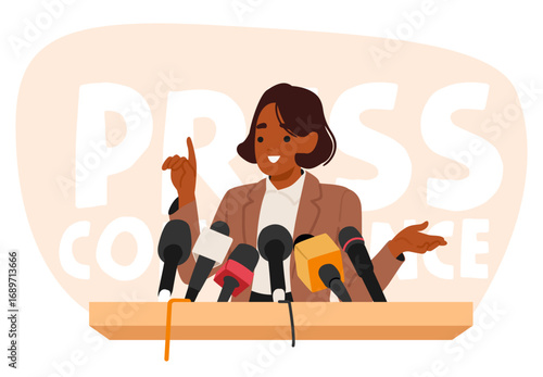 Woman politician or public speaker cartoon character giving speech talking in mic at tribune scene
