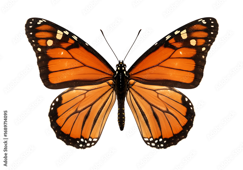 Obraz premium Majestic Monarch Butterfly on Black Background Displaying Vivid Orange and Black Wings Beauty of Nature