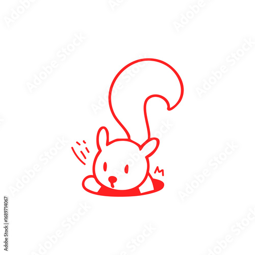 Simple red outline drawing of a squirrel peeking out of a hole