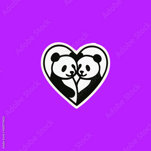 Two panda faces within a heart shape, on a vibrant purple background