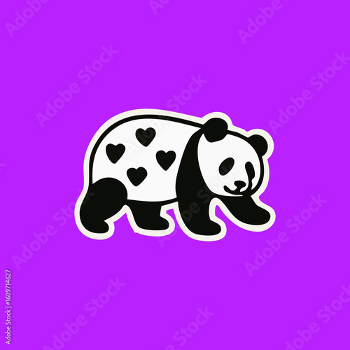 Cute panda sticker with hearts, outlined in light beige, on a vibrant purple background