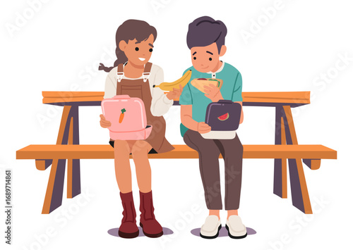 Schoolboy and schoolgirl classmates characters eating breakfast sitting on wooden bench scene