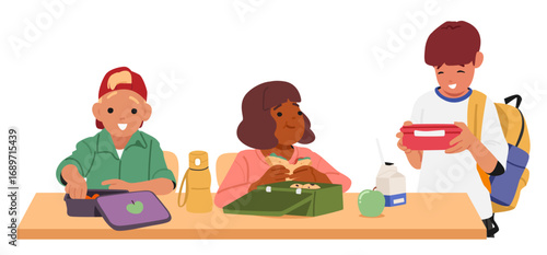 Happy hungry classmates eating lunch while sitting at table in school canteen cartoon scene