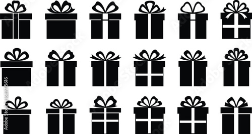 Gift box icons with ribbons, black silhouette present boxes, festive packaging symbols, celebration surprise design, birthday Christmas gift elements, vector holiday illustration collection