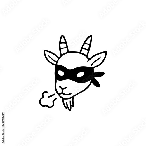 Black and white line drawing of a goat wearing a bandit mask, puffing smoke from its mouth
