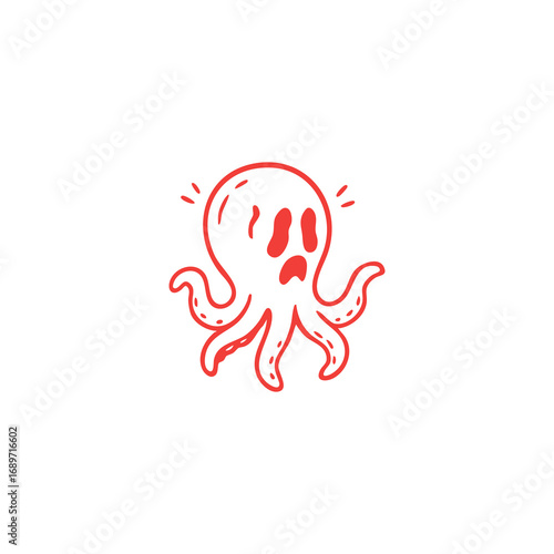Simple red-outlined cartoon octopus with an expressive face, appearing slightly frightened or surprised
