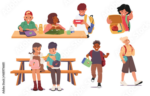 Happy elementary age school children having breakfast enjoying lunch feeling hungry isolated set