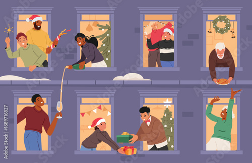 Christmas people neighbors in window sharing greetings and congratulating with winter holiday