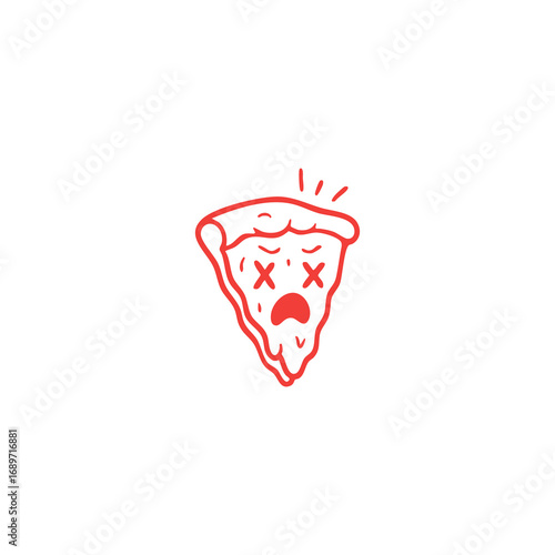 A red-outlined, cartoonish pizza slice, distressed and sad, with melting cheese and crossed-out eyes
