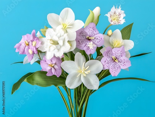 Vibrant Bouquet of White and Purple Flowers on Blue Background