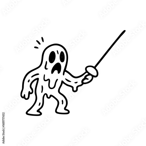 A cartoonish, black-outlined, gooey ghost figure holds a fencing foil