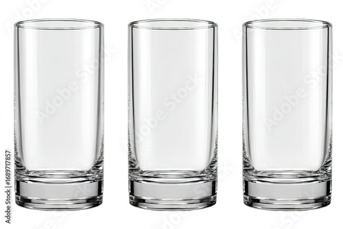 Three empty shot glasses, clear glass,  cylindrical shape,  simple design,  stacked vertically,  food presentation