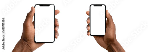 Two hands holding smartphones with blank screens